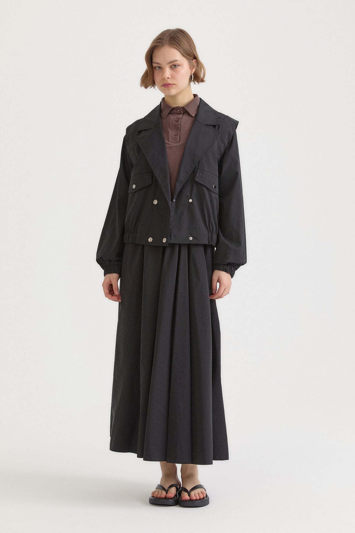 Double-breasted Closure Short Cotton Jacket - Black