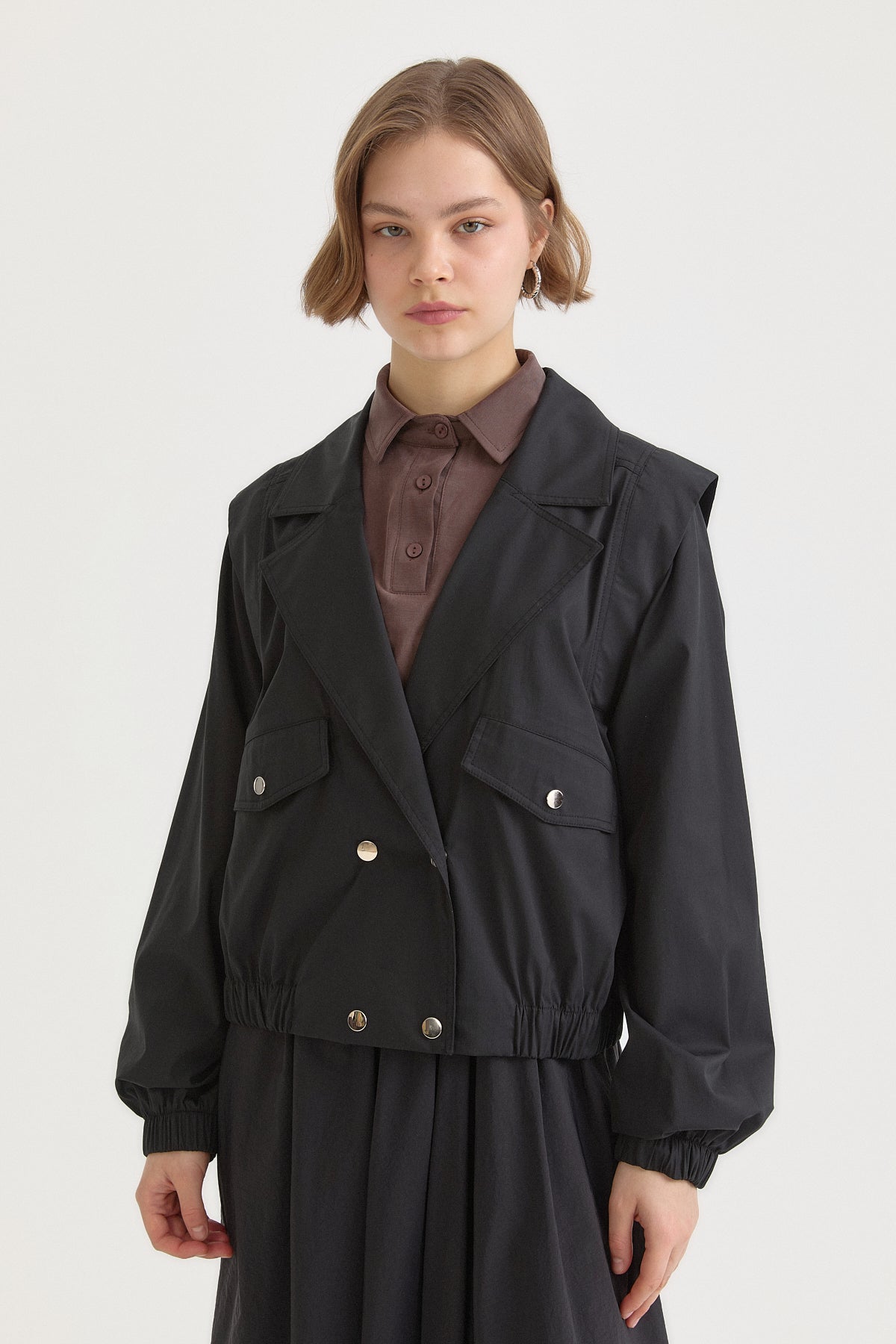 Double-breasted Closure Short Cotton Jacket - Black