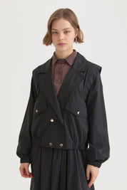 Double-breasted Closure Short Cotton Jacket - Black