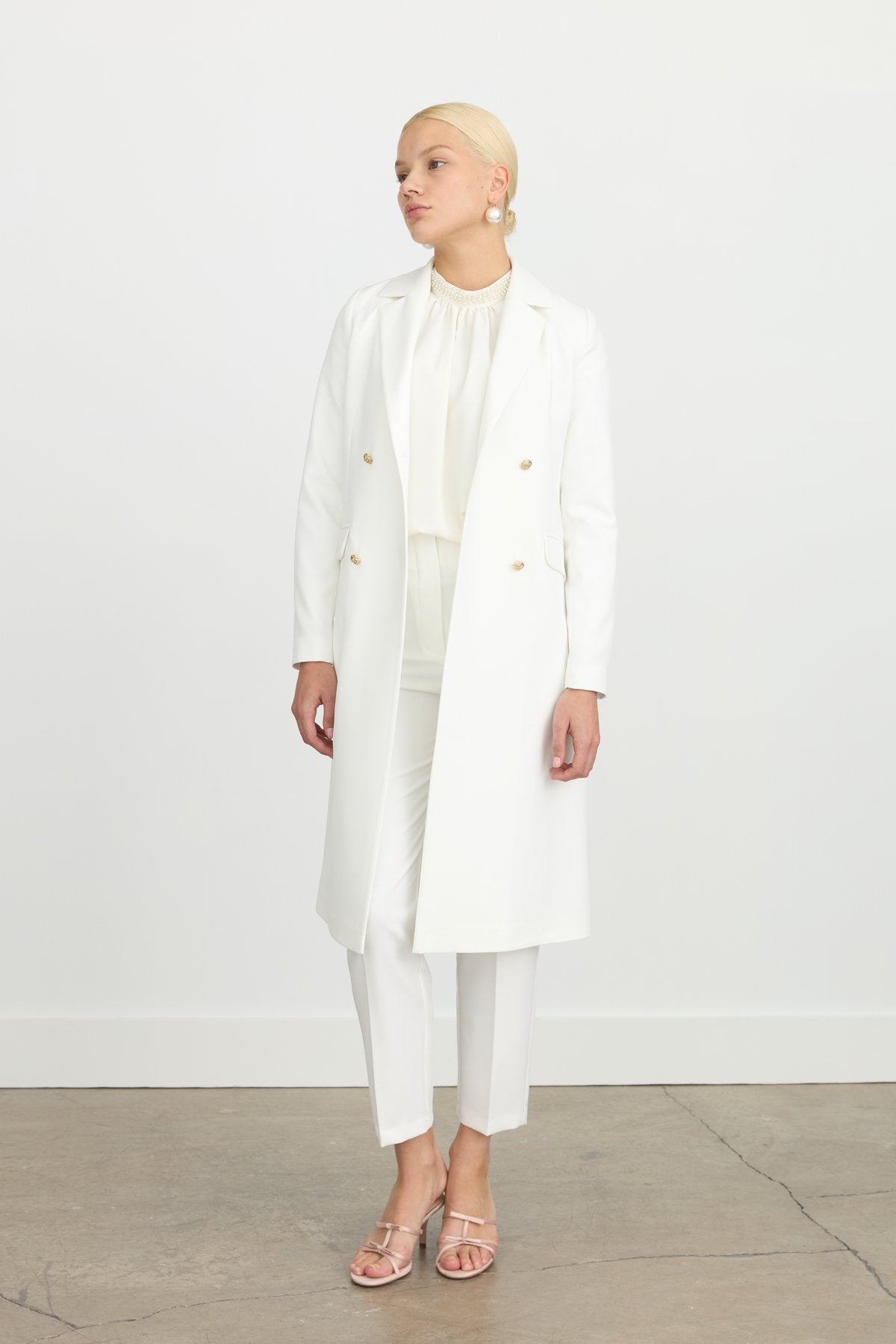 Double-Breasted Long Blazer Jacket - Ecru