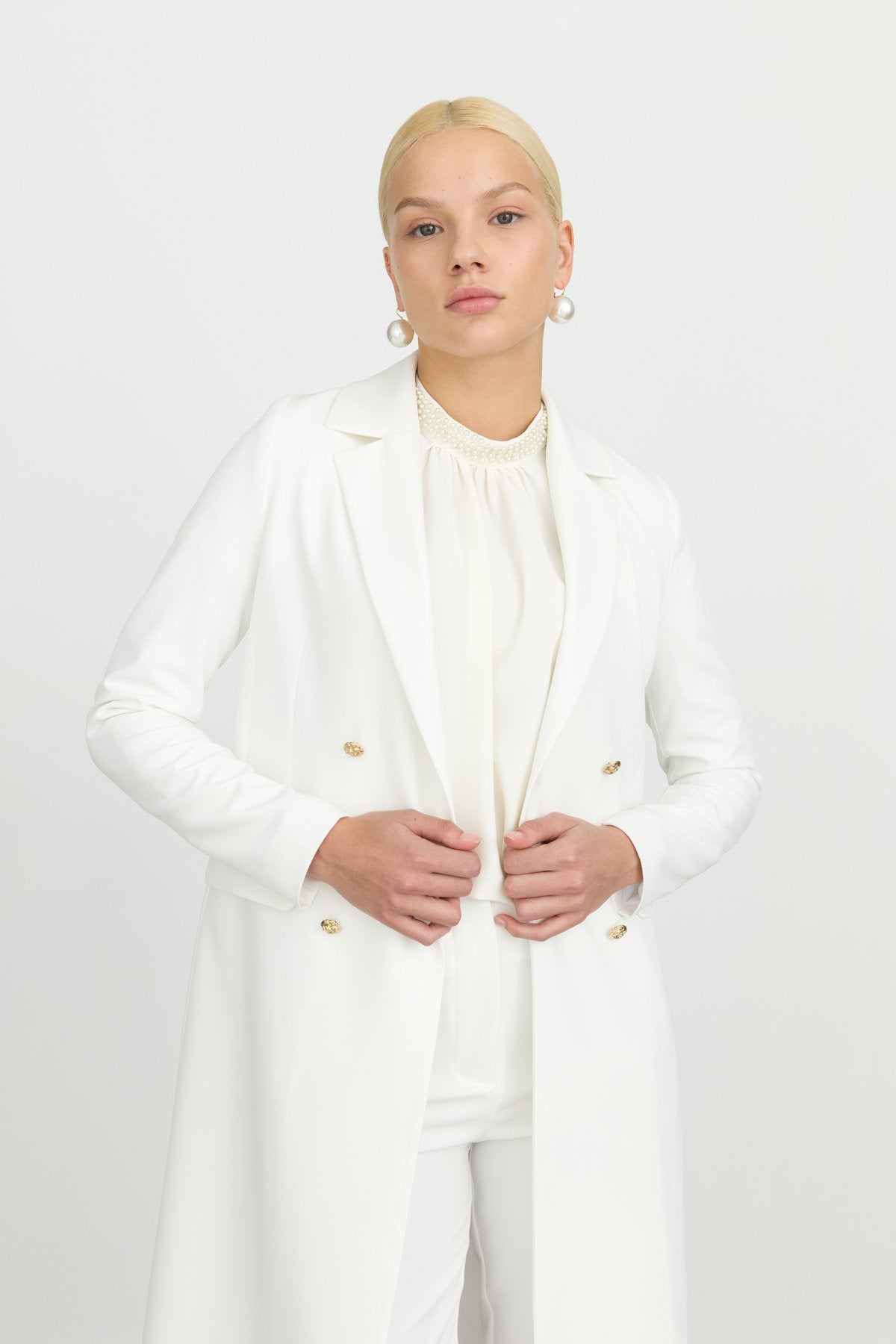 Double-Breasted Long Blazer Jacket - Ecru