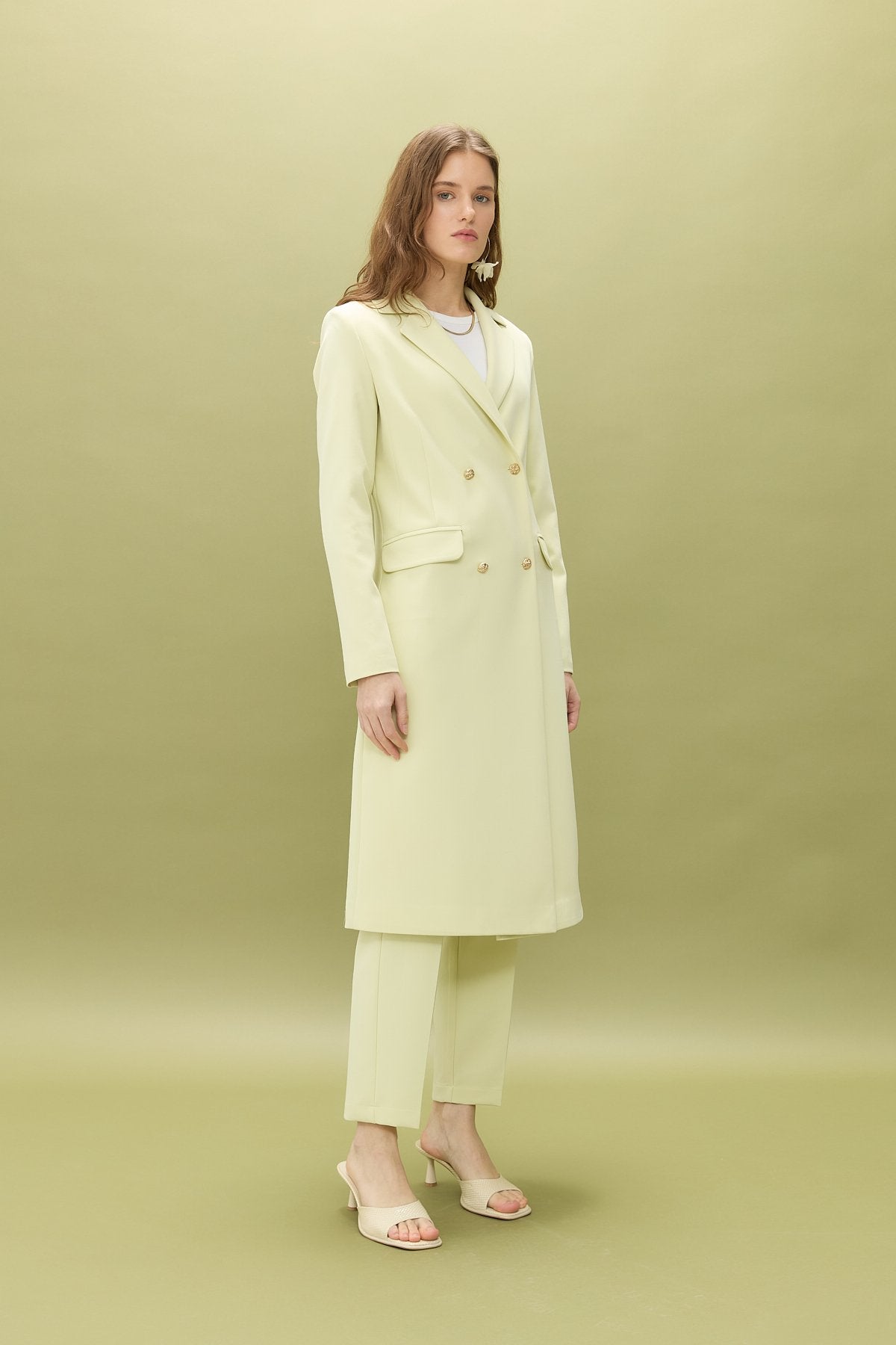 Kruvaze Kapama Uzun Blazer Ceket - Fıstık Yeşili