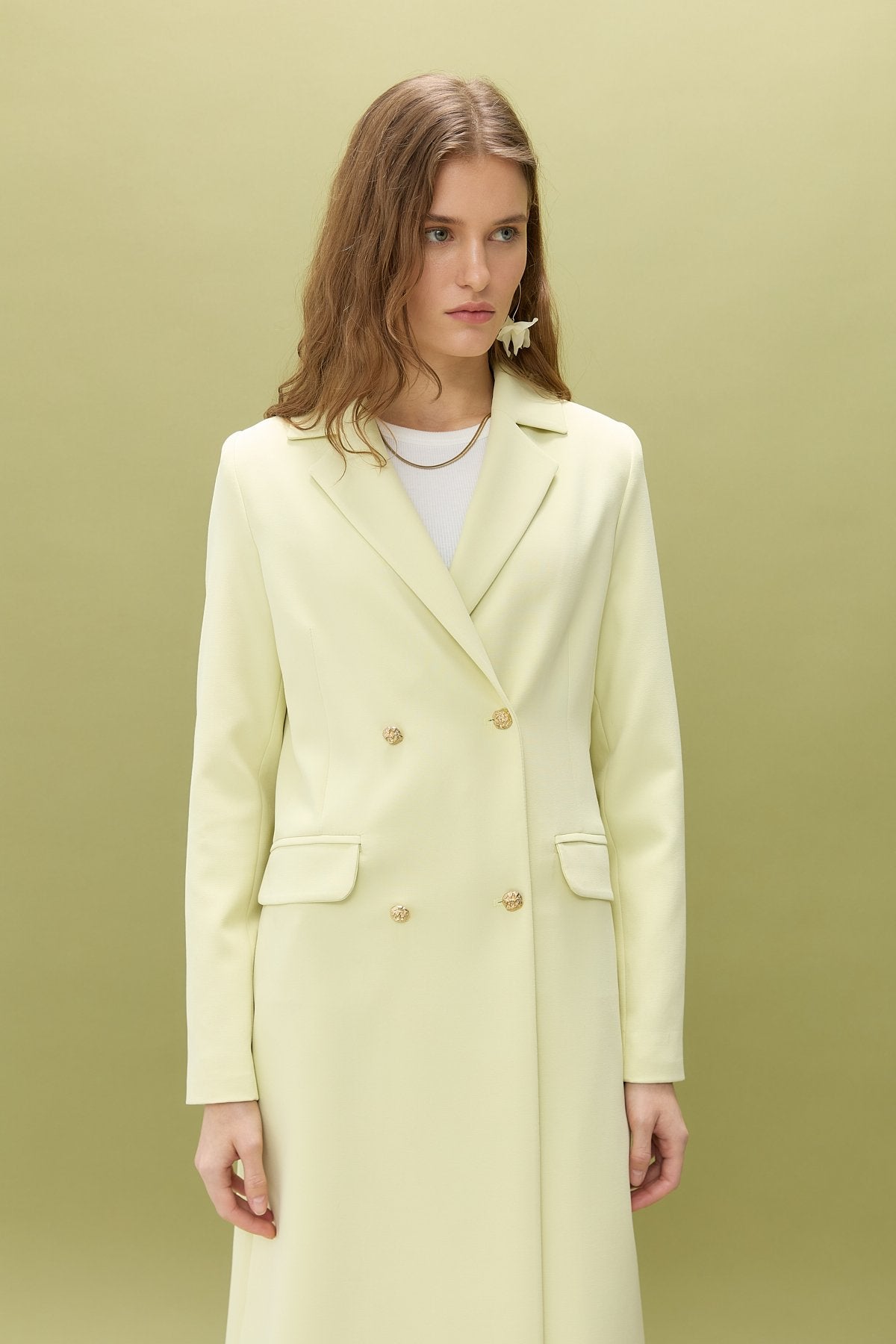 Kruvaze Kapama Uzun Blazer Ceket - Fıstık Yeşili