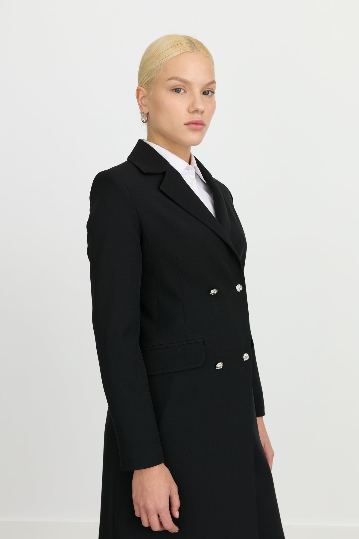 Kruvaze Kapama Uzun Blazer Ceket - Siyah