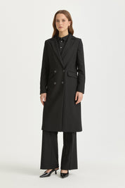 Double-Breasted Long Blazer Viscose Basic Jacket - Black