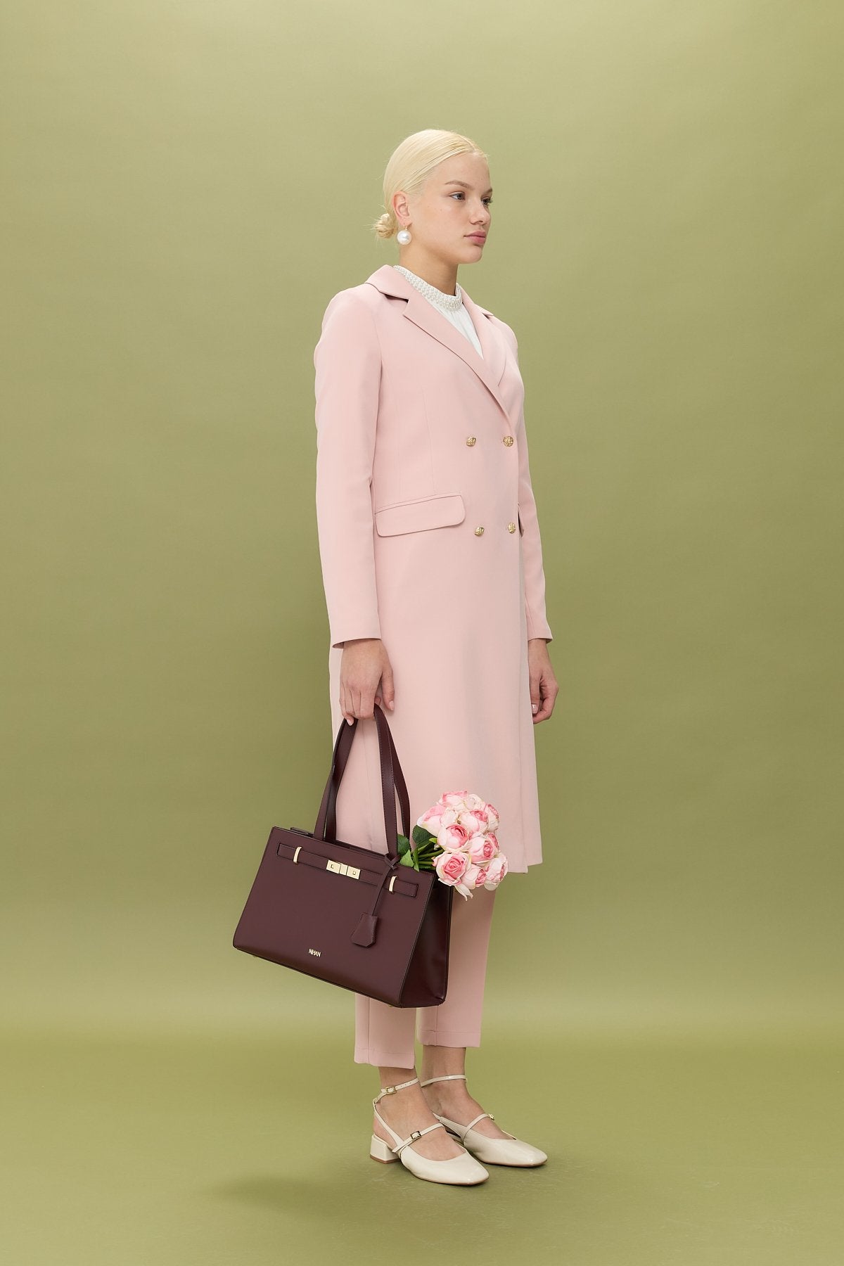 Double-Breasted Long Blazer Jacket - Salmon