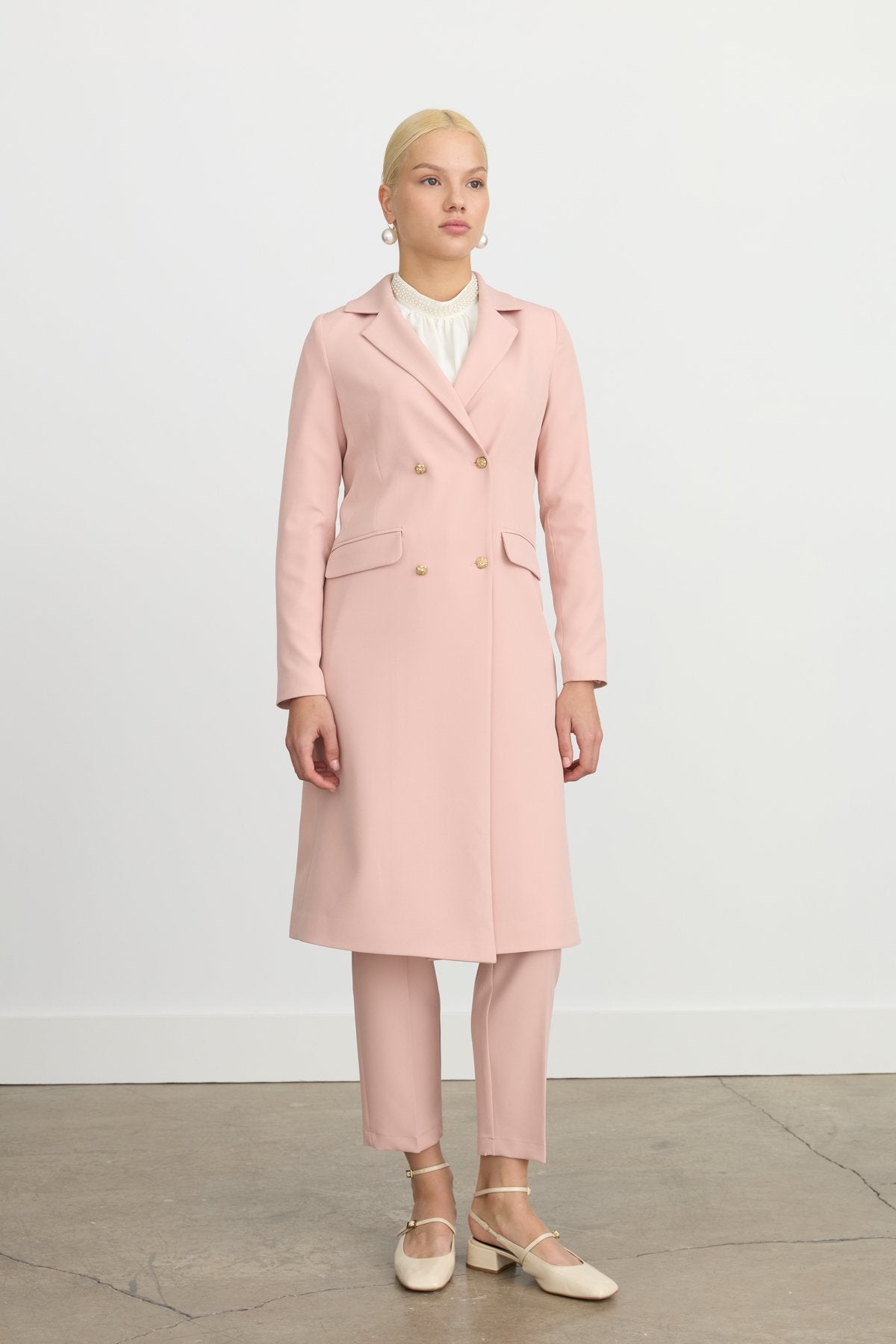 Double-Breasted Long Blazer Jacket - Salmon