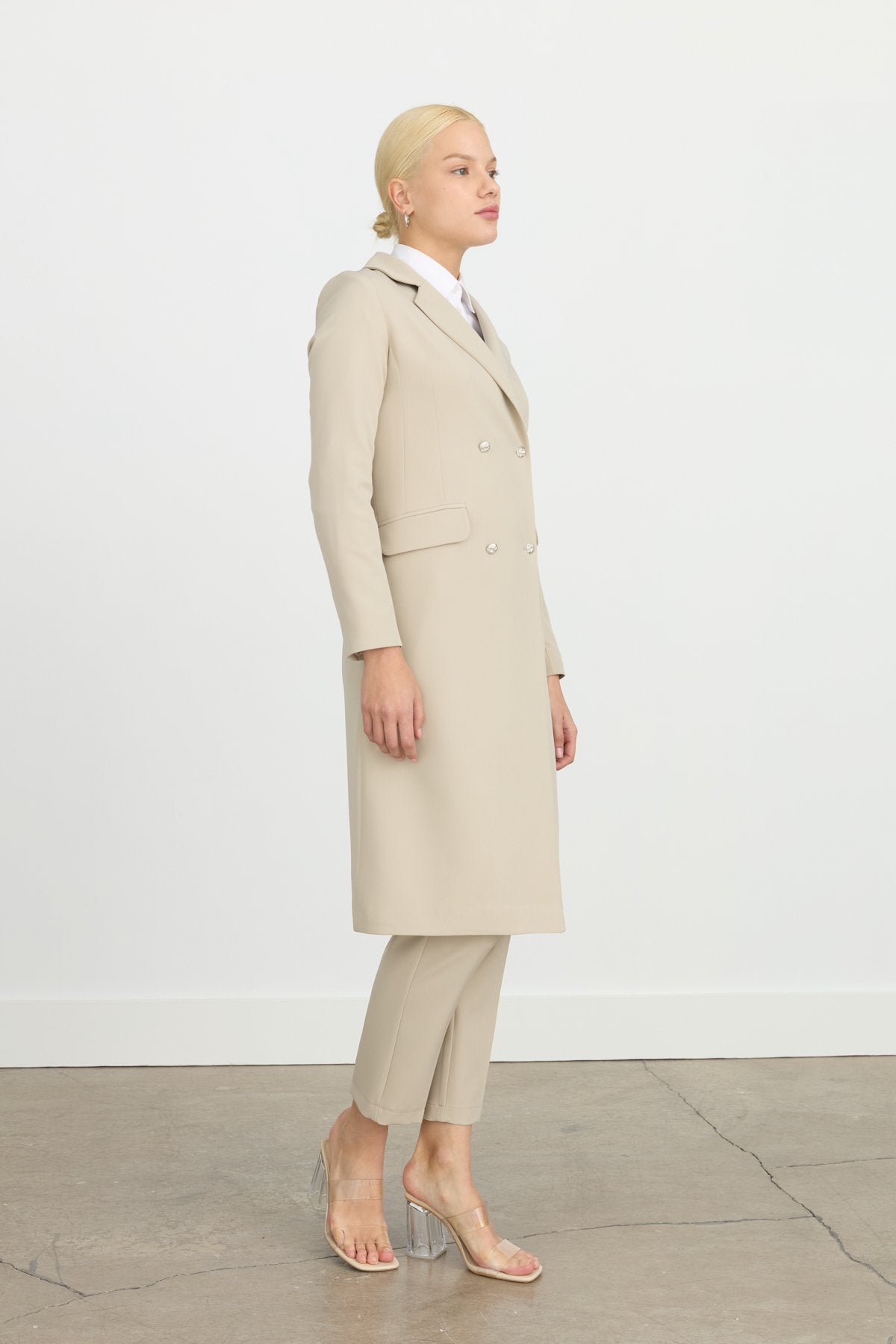 Double-Breasted Long Blazer Jacket - Stone