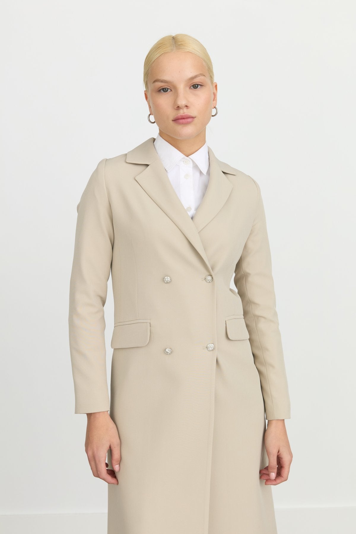 Double-Breasted Long Blazer Jacket - Stone