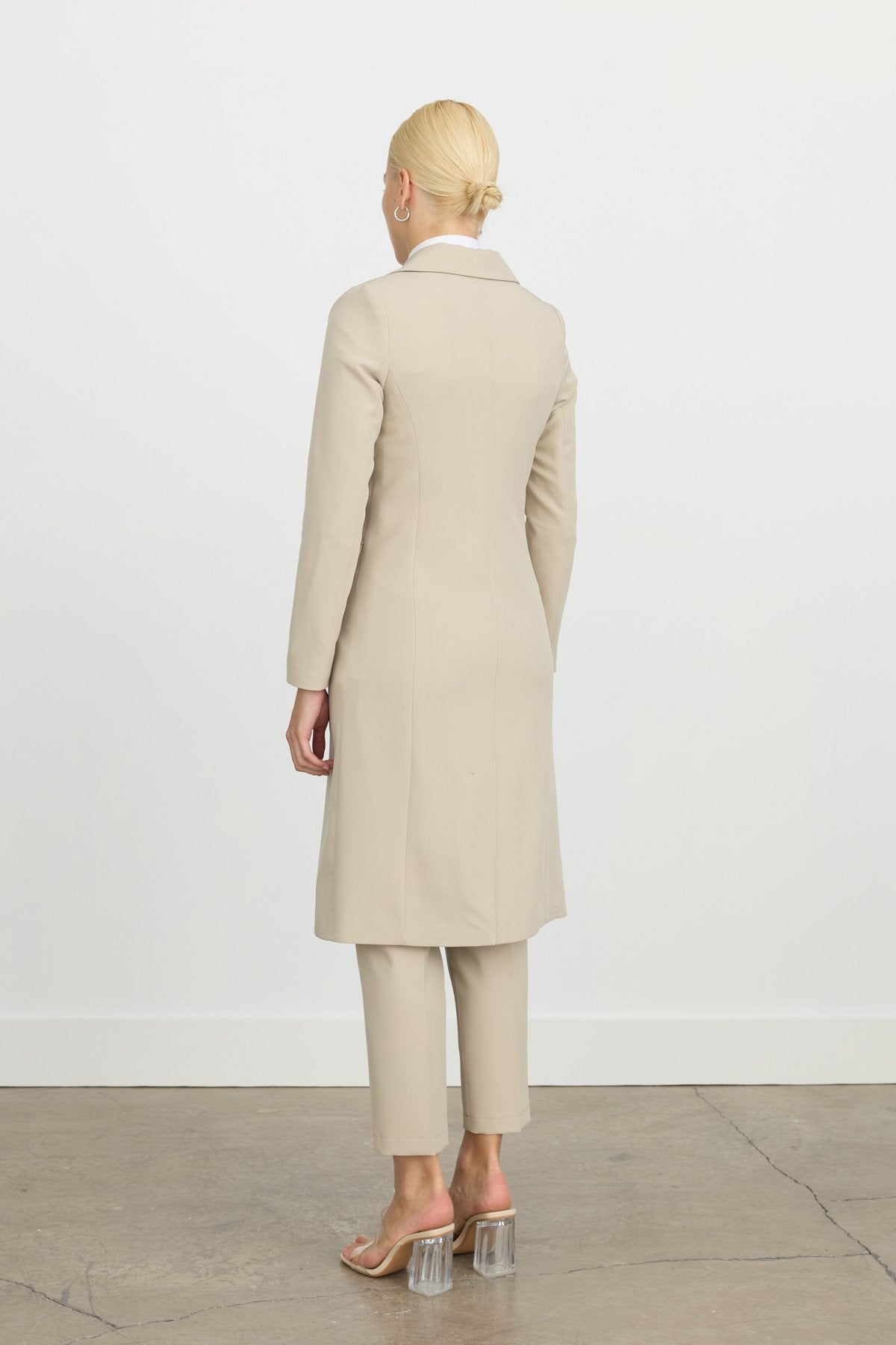 Double-Breasted Long Blazer Jacket - Stone
