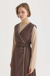 Wrap Belted Pinafore Dress - Coffee