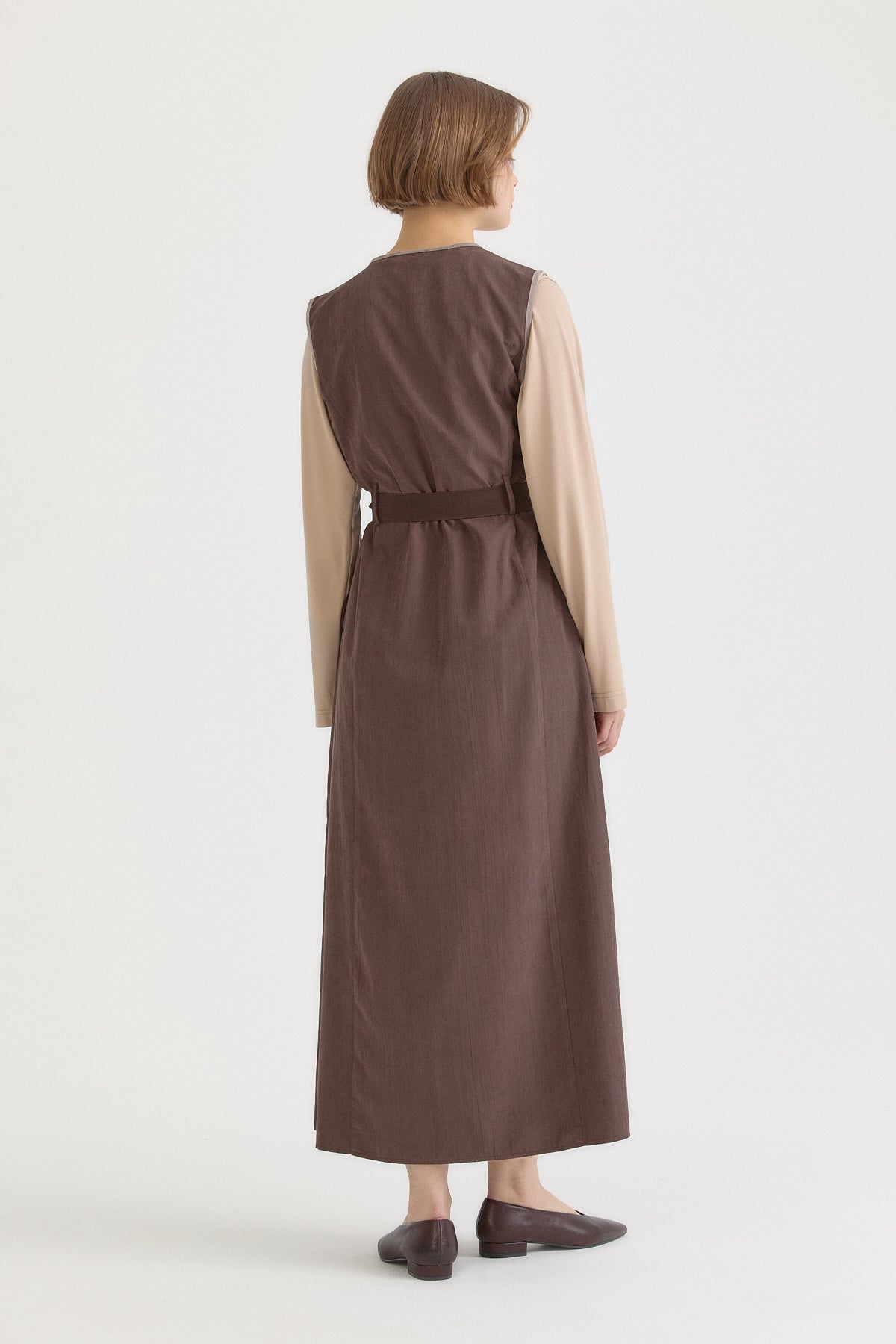 Wrap Belted Pinafore Dress - Coffee