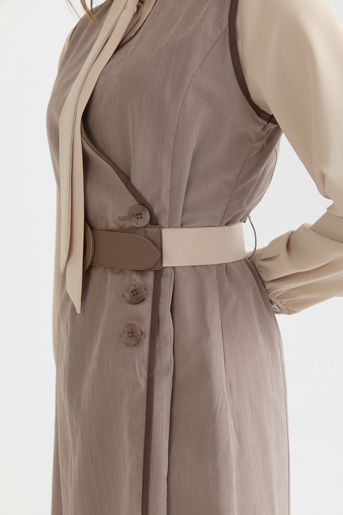 Double-Breasted Belted Pinafore Dress - Mink