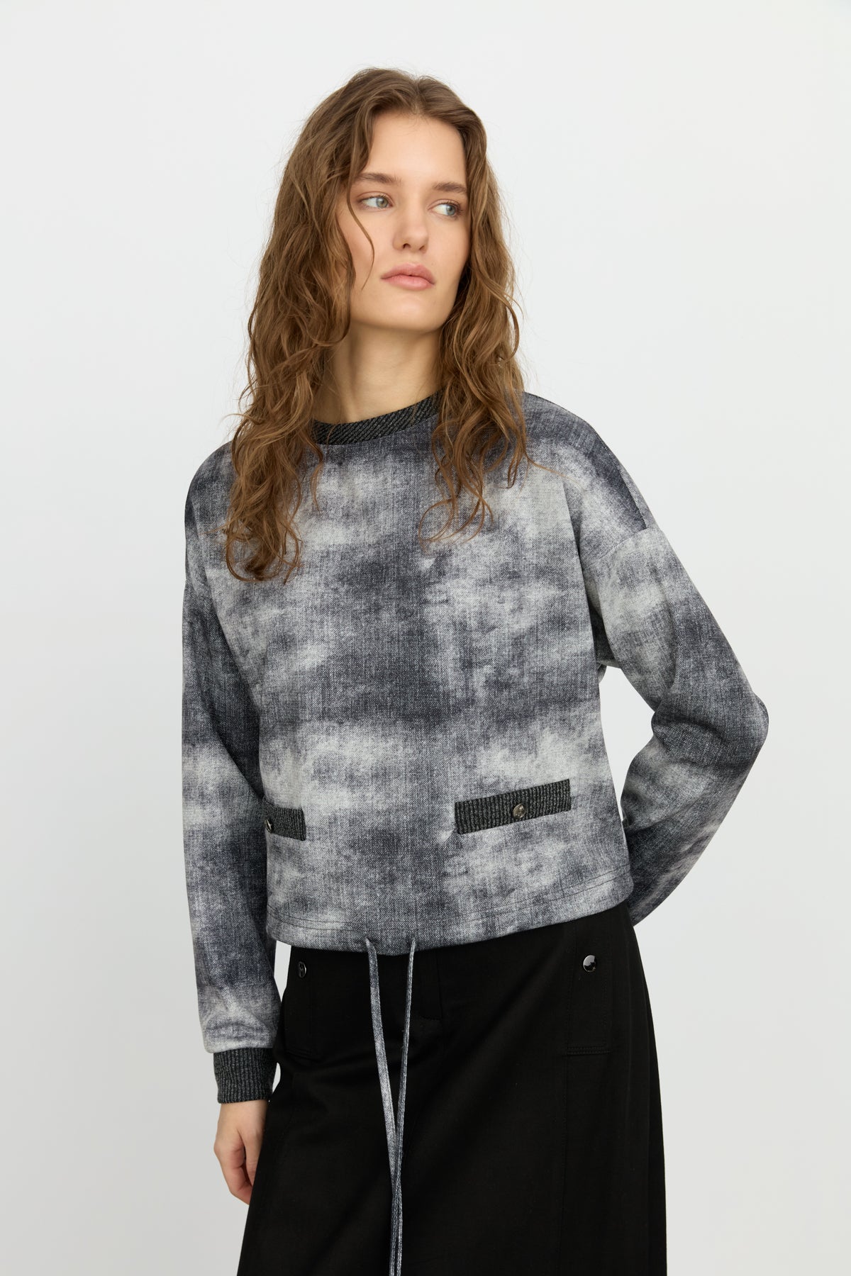 Gathered Blouse with Fabric Mix - Smoke