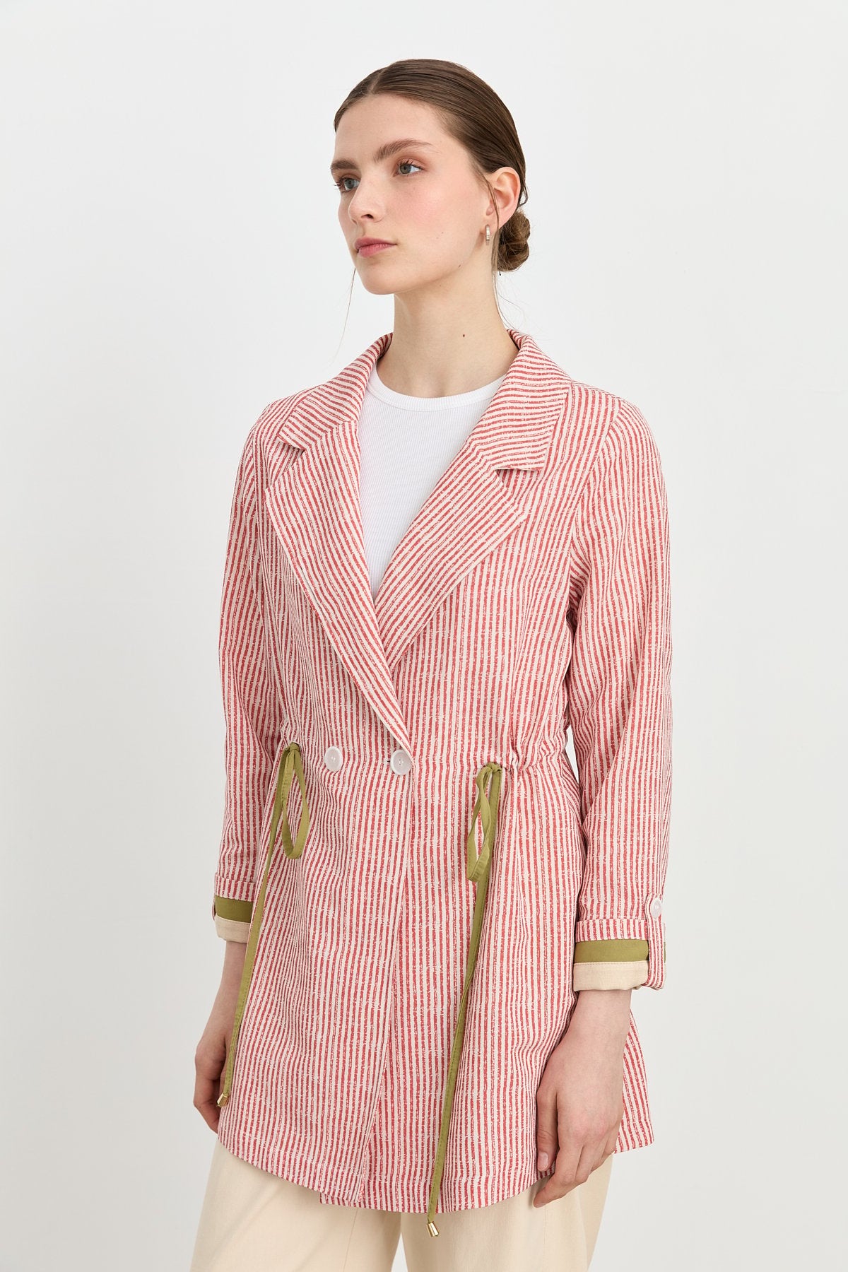 Fabric Mix Double-Breasted Linen Jacket - Coral