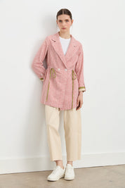 Fabric Mix Double-Breasted Linen Jacket - Coral
