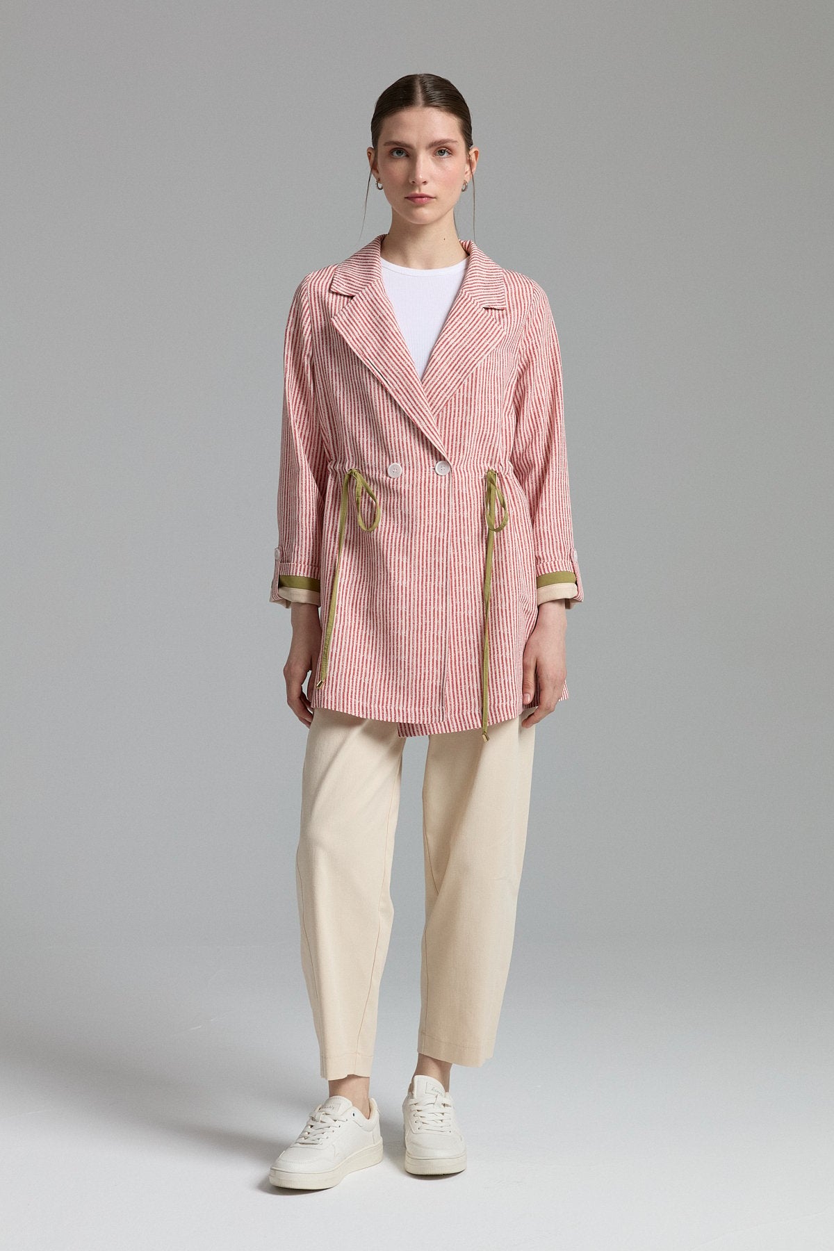 Fabric Mix Double-Breasted Linen Jacket - Coral