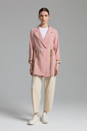 Fabric Mix Double-Breasted Linen Jacket - Coral