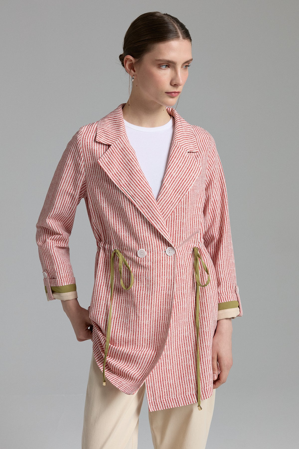 Fabric Mix Double-Breasted Linen Jacket - Coral