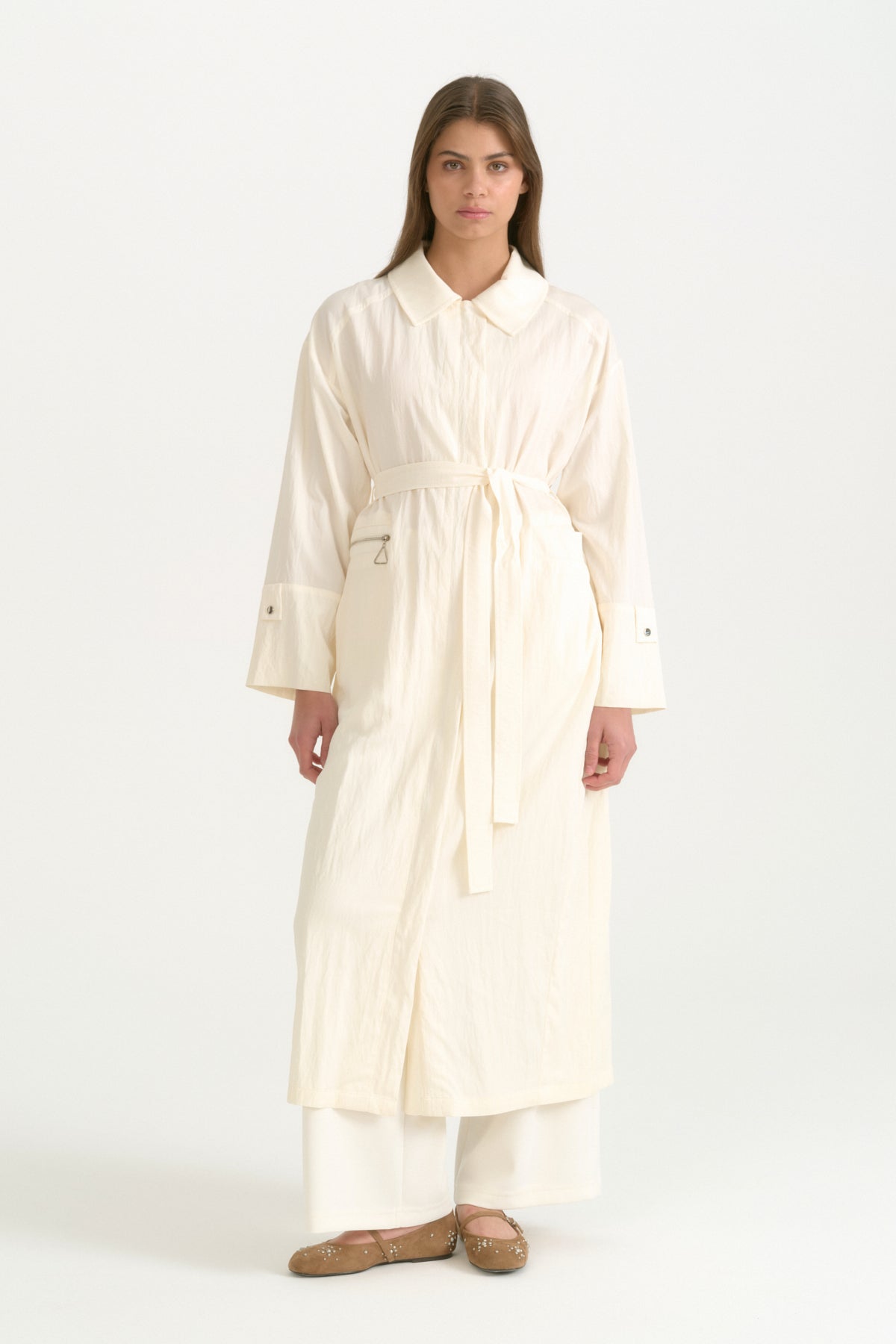 Kumaş Mixli Kuşaklı Rayon Kap - Ekru