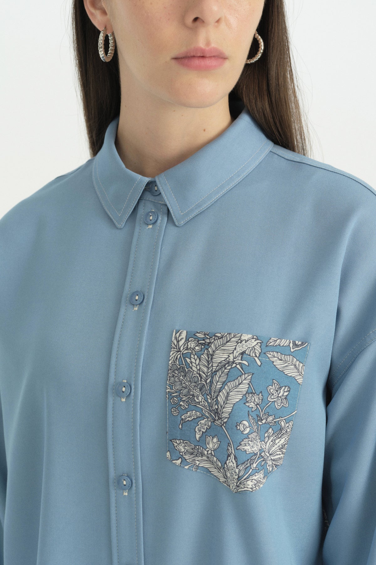 Fabric Mix Lyocell Tunic - Light Blue