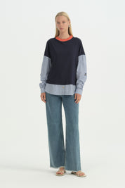 Kumaş Mixli Ribanalı Rayon Sweat - Lacivert