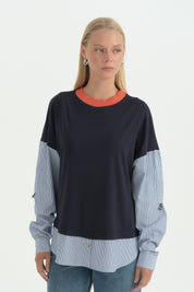 Kumaş Mixli Ribanalı Rayon Sweat - Lacivert