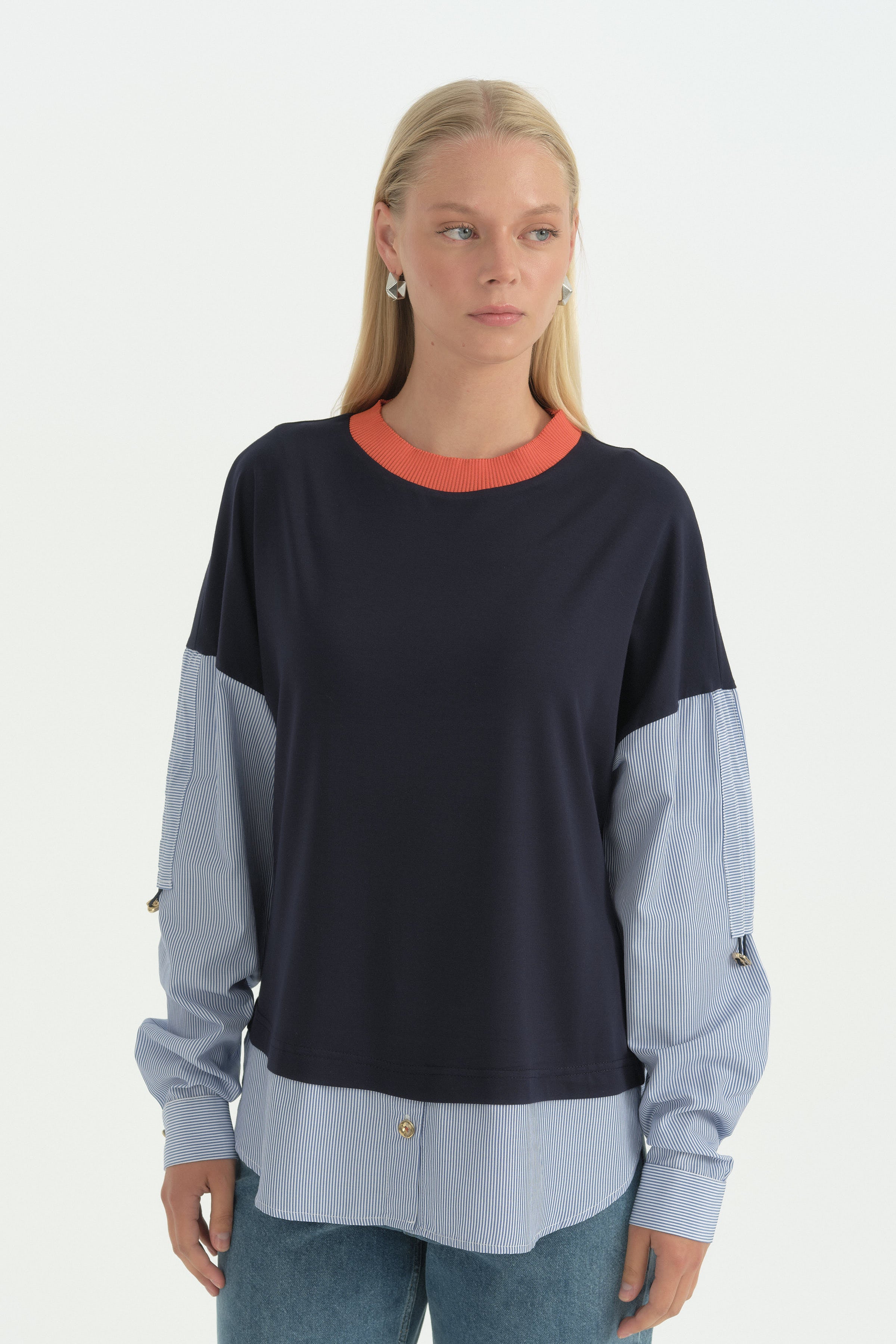 Kumaş Mixli Ribanalı Rayon Sweat - Lacivert