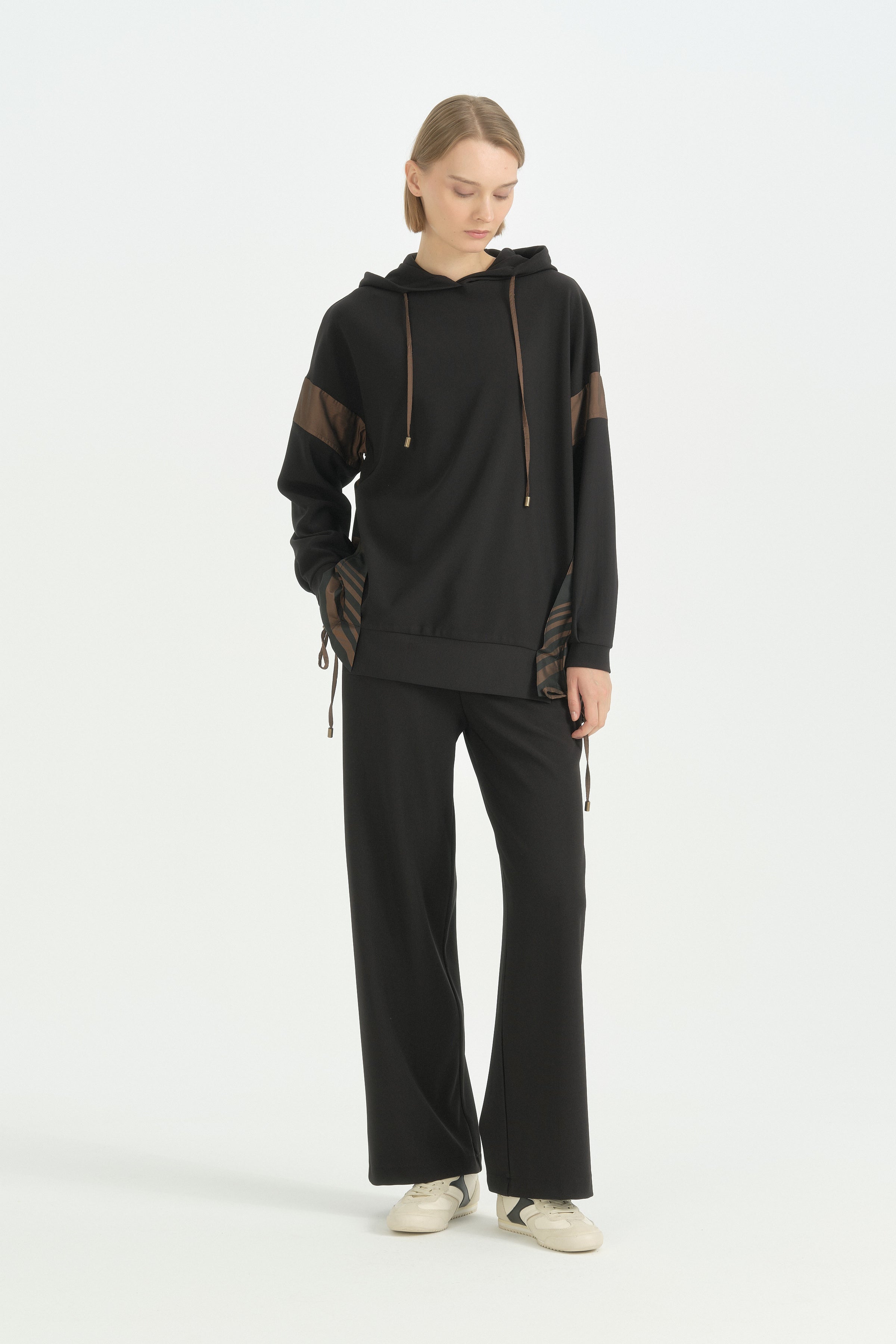 Kumaş Mixli Tarz Sweatshirt - Siyah