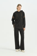 Kumaş Mixli Tarz Sweatshirt - Siyah