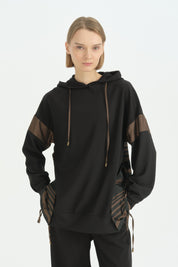 Kumaş Mixli Tarz Sweatshirt - Siyah