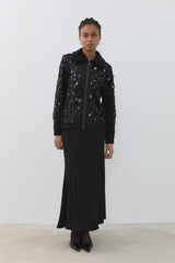 Fur and Sequin Detail Skirt and Jacket Set - Black