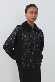Fur and Sequin Detail Skirt and Jacket Set - Black