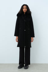 Fur Collar Quilted Coat - Black