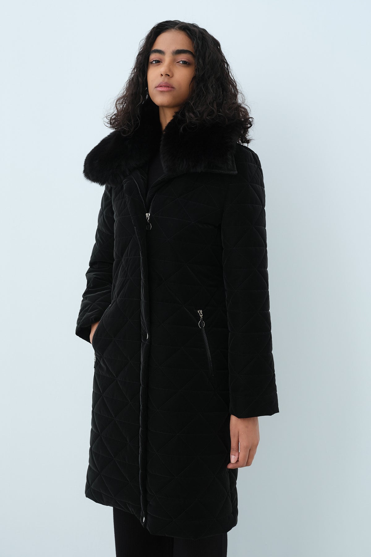 Fur Collar Quilted Coat - Black