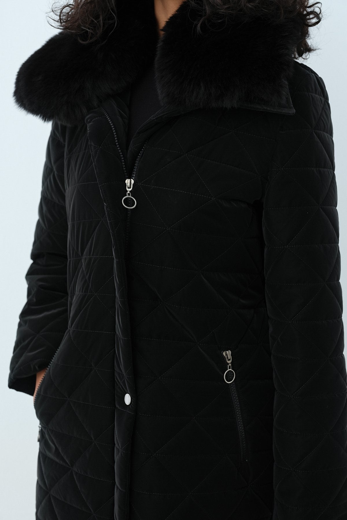 Fur Collar Quilted Coat - Black