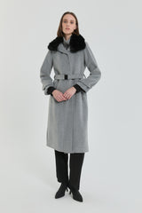 Kürk Yakalı Kemerli Kaban - Gri