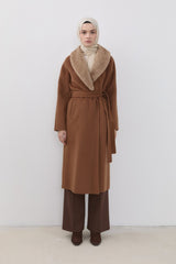 Fur-trimmed Shawl Collar Belted Cashmere Coat - Brown