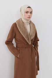 Fur-trimmed Shawl Collar Belted Cashmere Coat - Brown