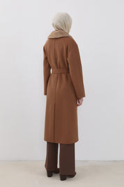 Fur-trimmed Shawl Collar Belted Cashmere Coat - Brown