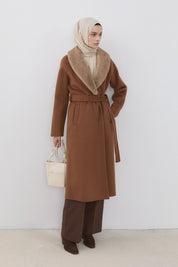 Fur-trimmed Shawl Collar Belted Cashmere Coat - Brown