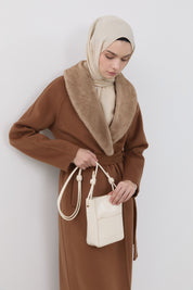 Fur-trimmed Shawl Collar Belted Cashmere Coat - Brown