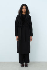 Cashmere Coat with Fur-Trimmed Shawl Collar and Belt - Black