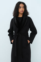 Cashmere Coat with Fur-Trimmed Shawl Collar and Belt - Black