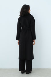 Cashmere Coat with Fur-Trimmed Shawl Collar and Belt - Black