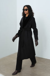 Cashmere Coat with Fur-Trimmed Shawl Collar and Belt - Black