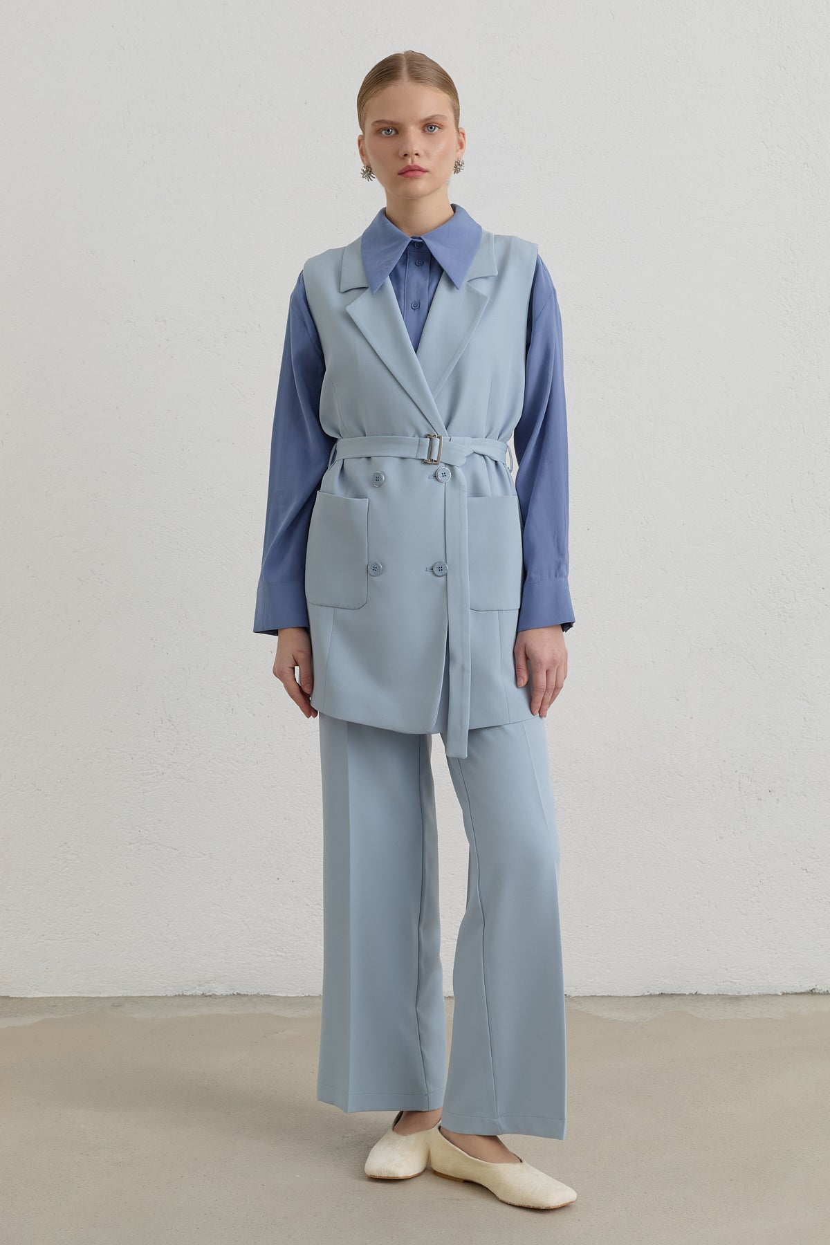 Belted Basic Blazer Vest - Light Blue