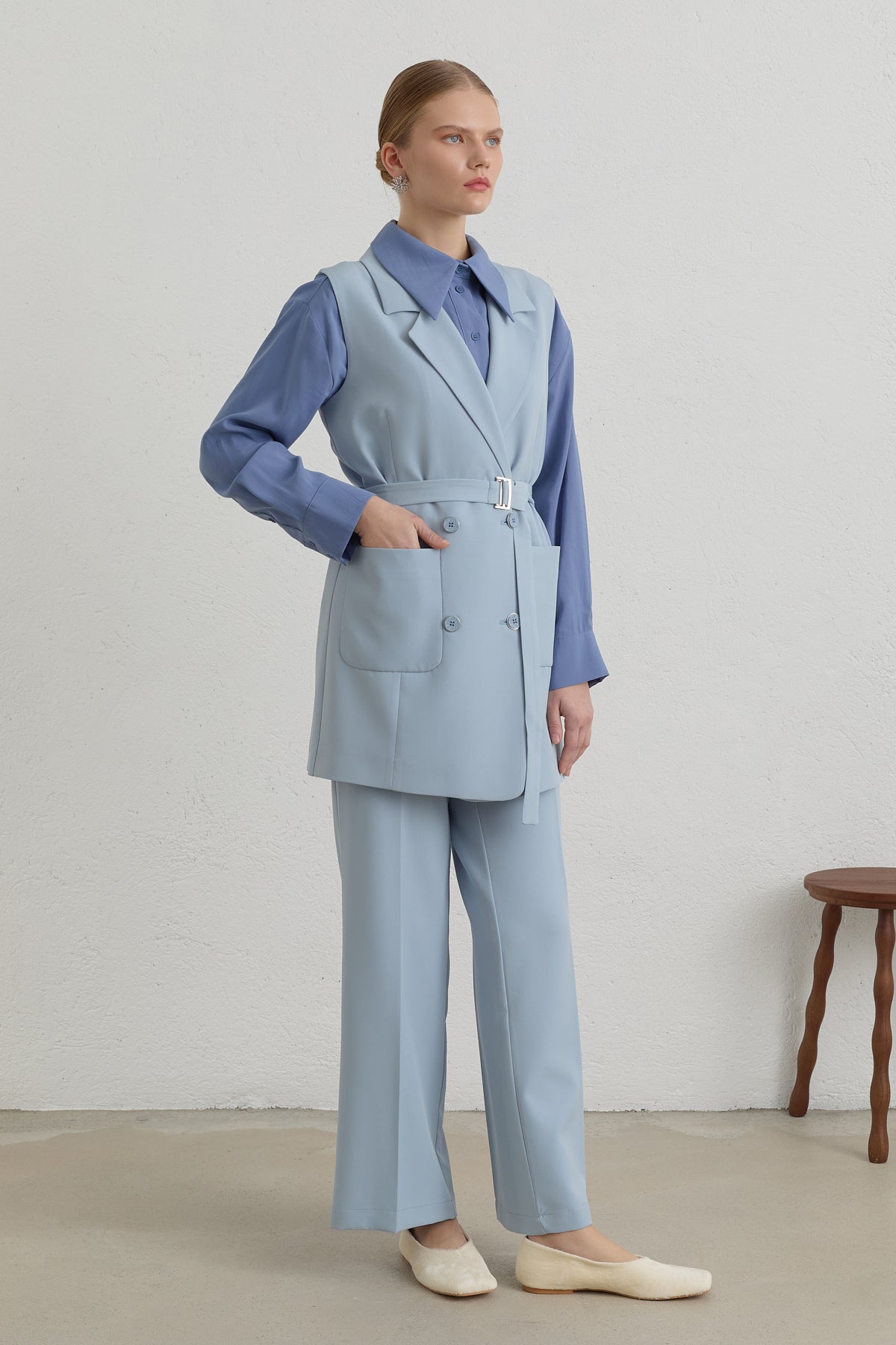 Belted Basic Blazer Vest - Light Blue
