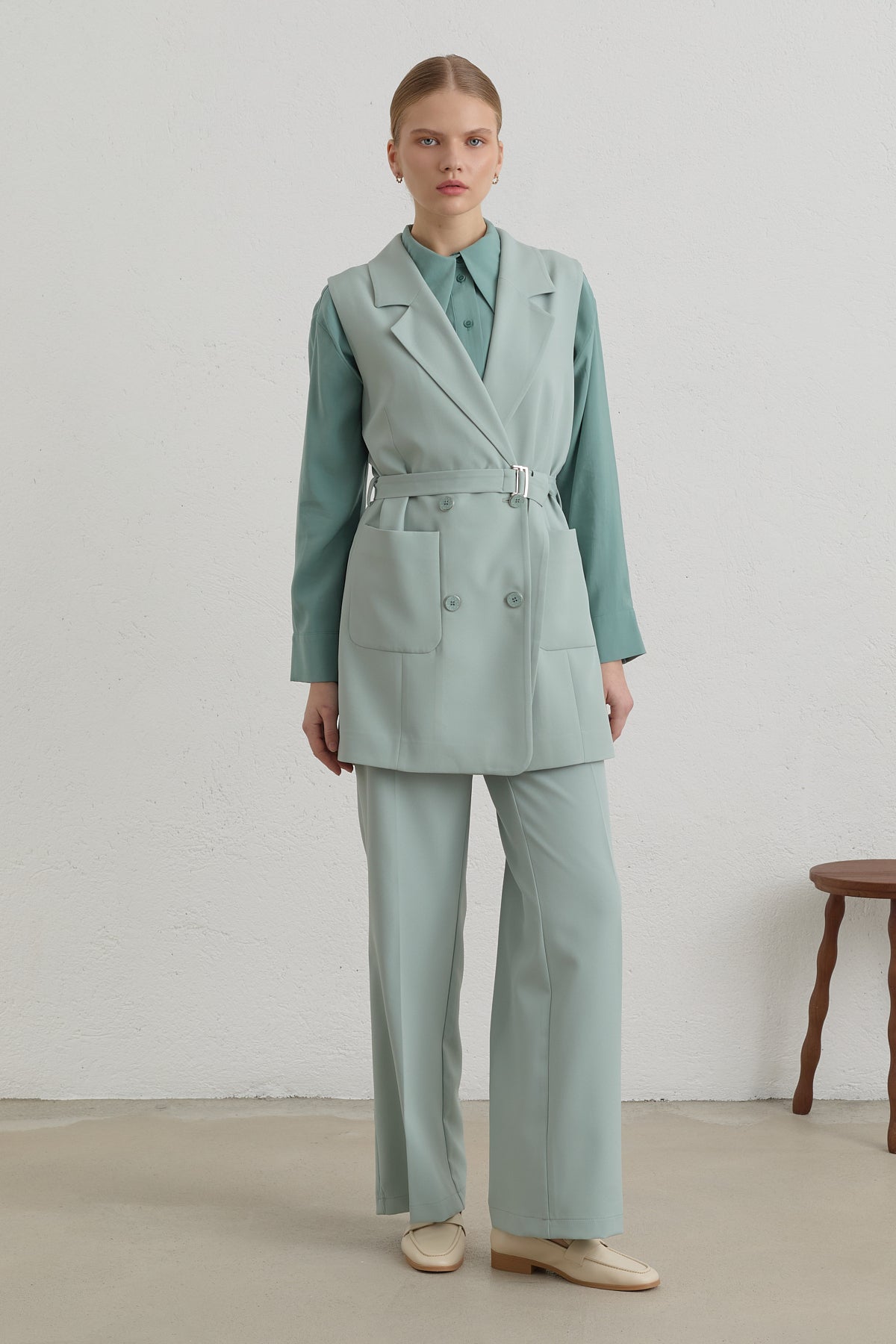 Belted Blazer Basic Vest - Aqua