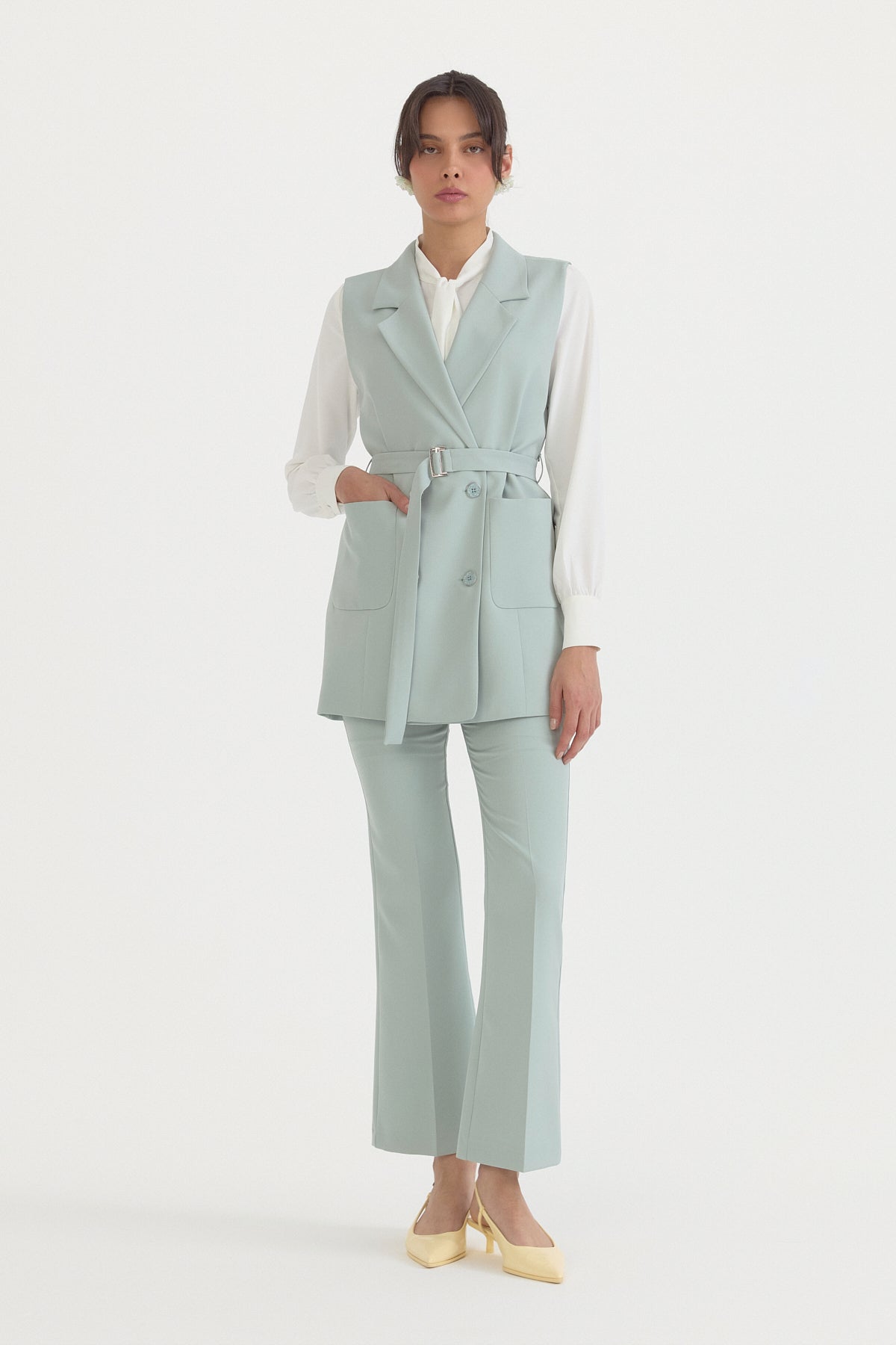 Kuşaklı Blazer Yelek - Aqua